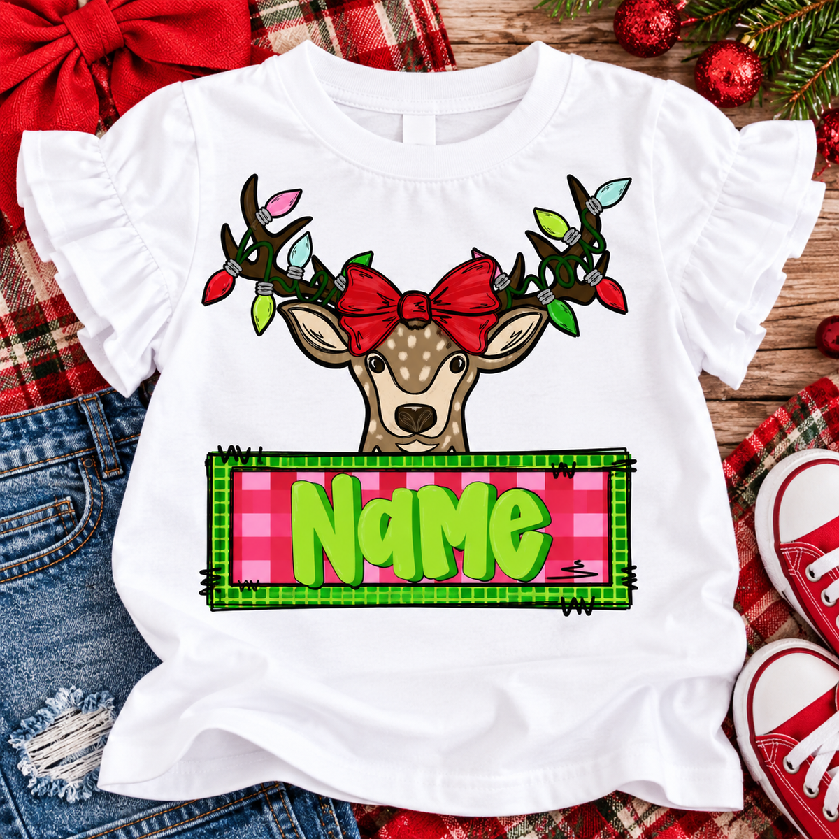 Festive Reindeer Girl Name Tee