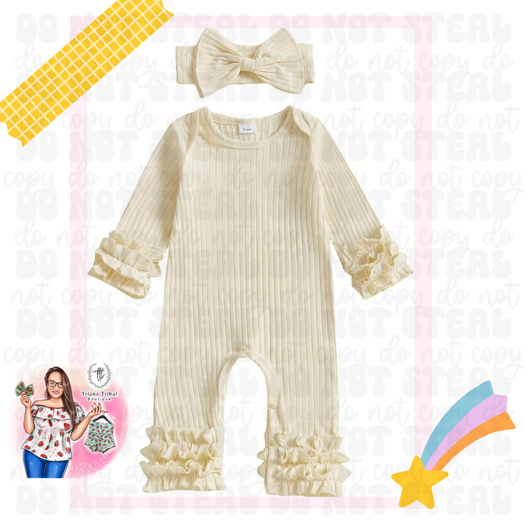Long Sleeves Icing Ruffle Romper Outfit with Bow