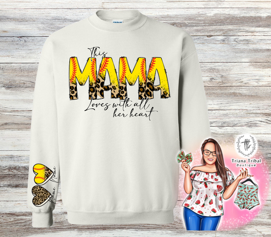 Softball Mama Heart on her Sleeve Tshirt